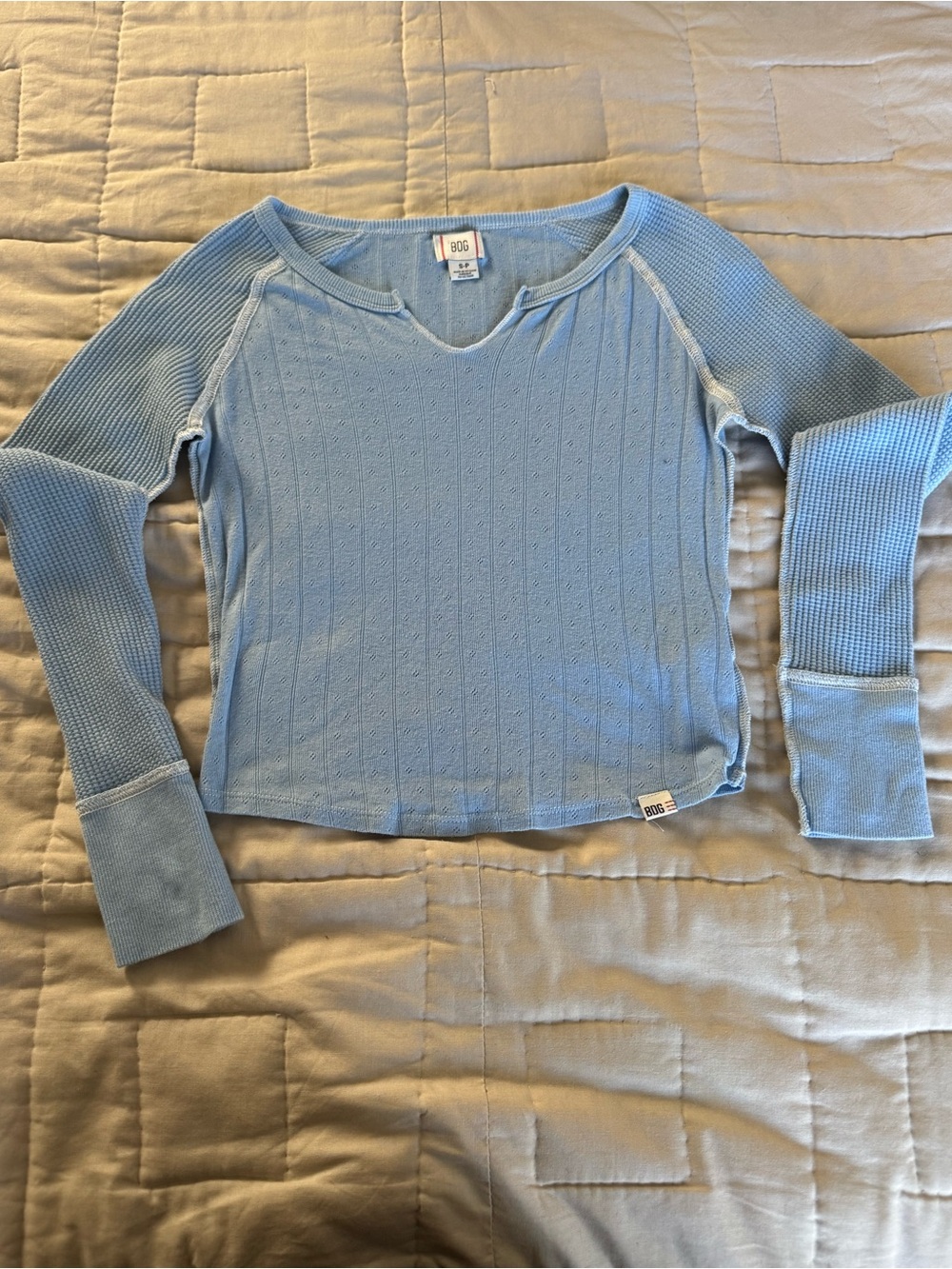 BDG Viv Spliced Notch Neck Tee Sky Blue Ribbed Long-Sleeve Thermal Top size S